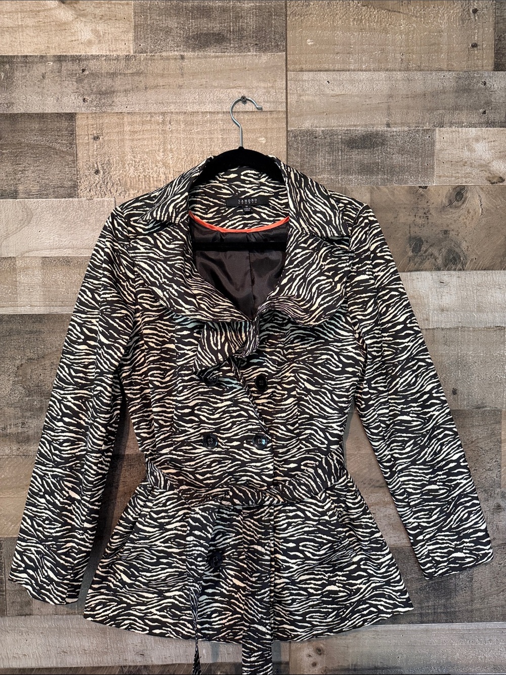 Sandro Studio Double Breasted Zebra Trench Coat Size M - Picture 13 of 16